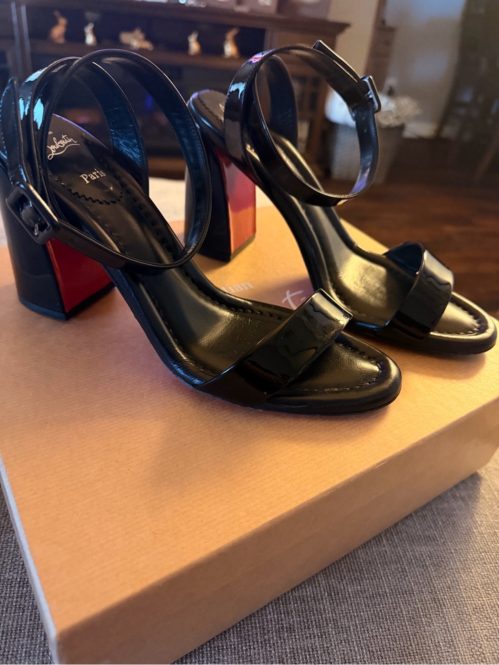 Christian Louboutin Black Patent Ankle-Strap Block Heel Sandals